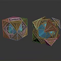 Two Metallic Geometric Sculptures With Copper Finish Ornate Polygonal Designs And Reflective Surfaces