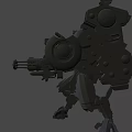 Yellow Mechanical Warrior Creature With Heavy Gun Blue Head Modules And Armor