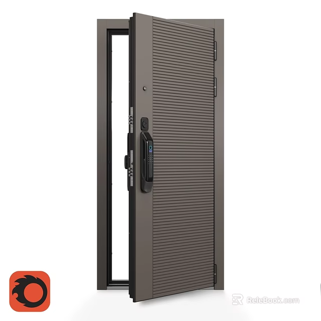 Modern Swing Door With Metal Frame Glass Panel Textured Surface And Modern Lock 3d model 