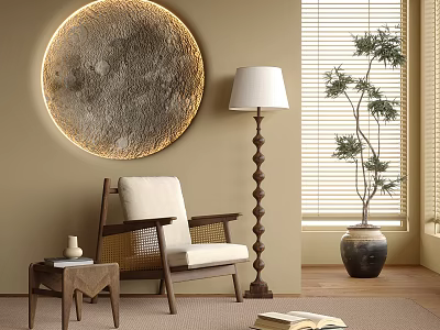 Leisure Chair With Round Moon Wall Art Floor Lamp Side Table And Bamboo Plant 3d model