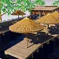 Outdoor Restaurant With Thatch Roof Poolside Palm Trees And Umbrella Seating
