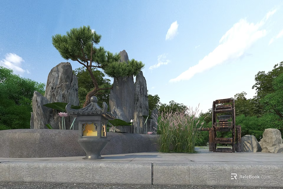 Traditional Garden Scene With Rock Formations Pine Tree Stone Lantern Wooden Chair And Green Plants 3d model 