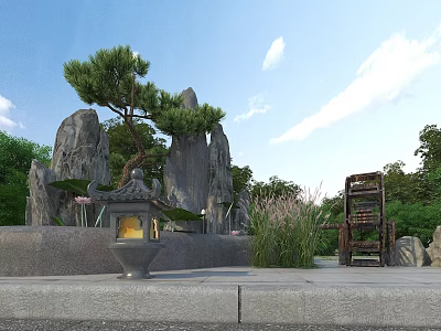 Traditional Garden Scene With Rock Formations Pine Tree Stone Lantern Wooden Chair And Green Plants 3d model