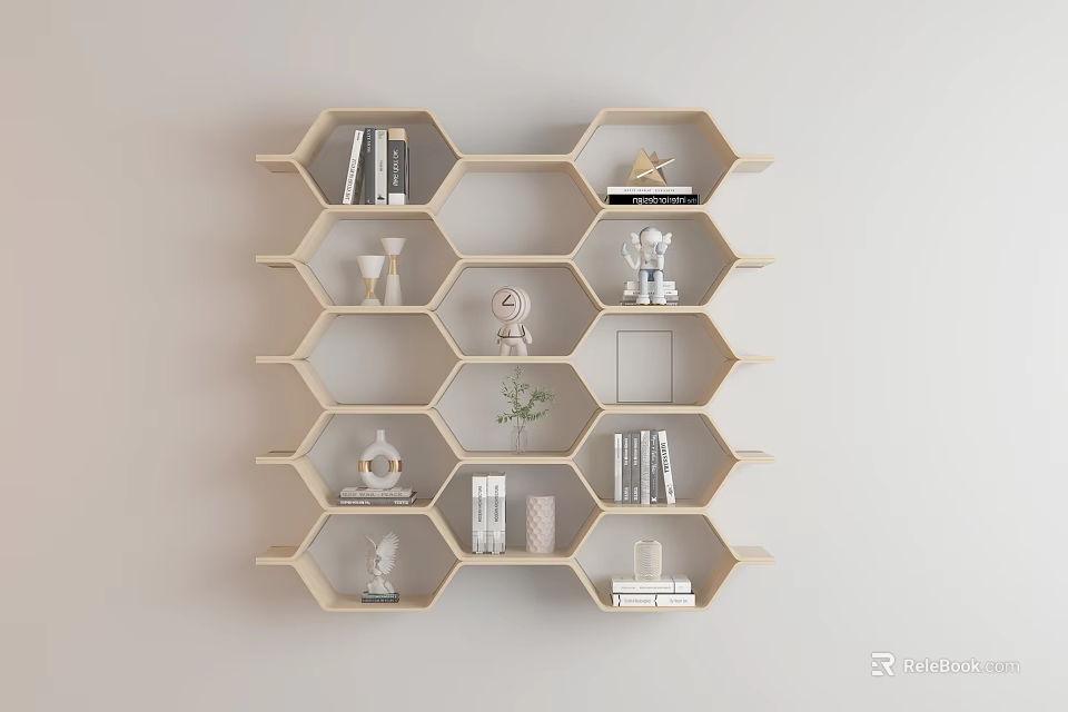 Wall Mounted Hexagonal Cabinets with Decorative Items Books Plants Photo Frames in Light Neutral Tone Interior 3d model 