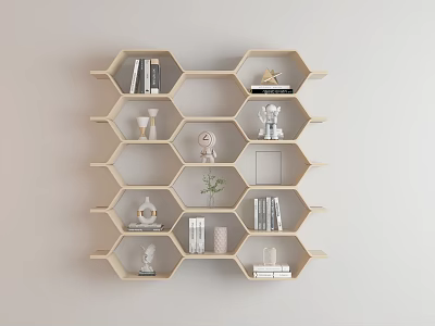 Wall Mounted Hexagonal Cabinets with Decorative Items Books Plants Photo Frames in Light Neutral Tone Interior 3d model