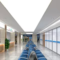Spacious Service Hall Interior With Blue Seats Computers Service Counter Green Plants And Bright Lighting