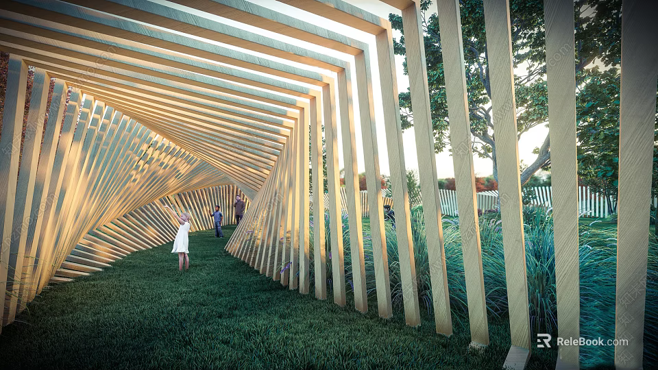 Wooden Strip Archway Garden Landscape With Lush Green Grass And People Walking 3d model 