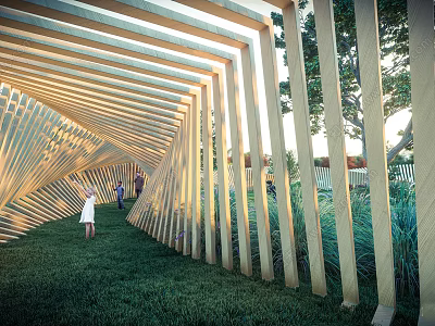 Wooden Strip Archway Garden Landscape With Lush Green Grass And People Walking 3d model