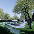 Outdoor Pergola in Natural Landscape With Green Trees Grass and Waterfront
