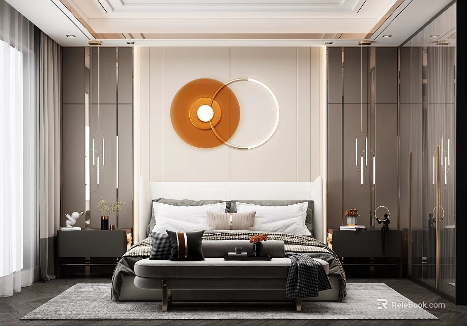Luxury Modern Bedroom Interior With Circular Wall Art Comfortable Bed Nightstands And Bench 3d model 