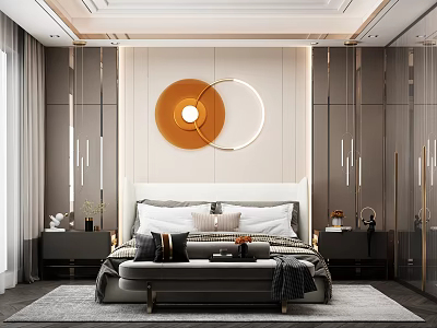 Luxury Modern Bedroom Interior With Circular Wall Art Comfortable Bed Nightstands And Bench 3d model