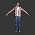 Man in Red Puffer Jacket White T-shirt Blue Jeans With Arms Outstretched on Dark Background