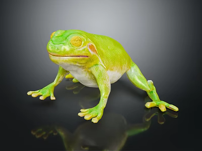 Vibrant Green Frog With Yellow Eyes And Smooth Skin On Black Reflective Surface 3d model