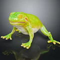 Vibrant Green Frog With Yellow Eyes And Smooth Skin On Black Reflective Surface