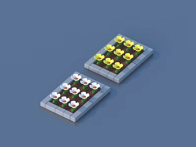 Block Built Flower Beds With Yellow Flowers And White Blooms With Red Centers 3d model