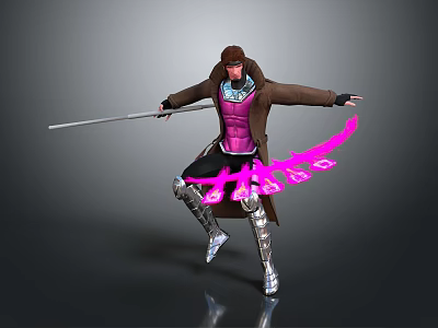 Mysterious Dynamic Warrior Holding Sword Brown Coat Purple Vest Pink Energy Effect And Armored Legs 3d model
