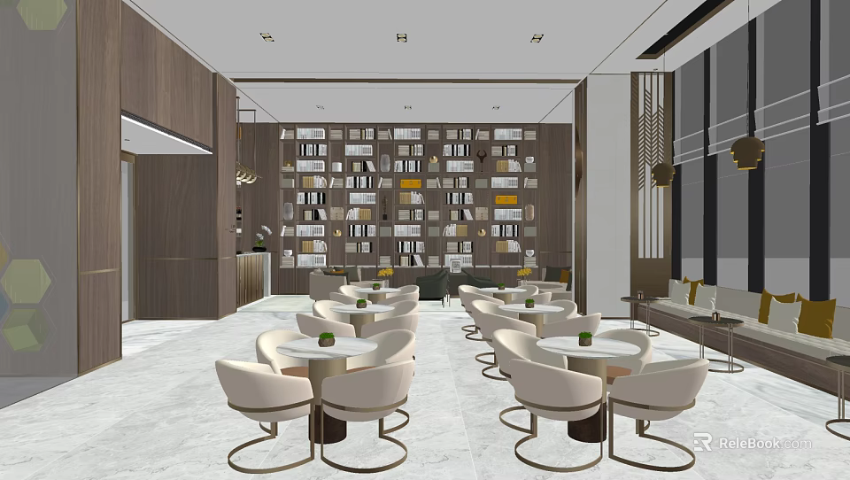 Modern Elegant Lounge Area Interior With Bookshelf Wall Round Tables And Comfortable Chairs 3d model