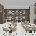 Modern Elegant Lounge Area Interior With Bookshelf Wall Round Tables And Comfortable Chairs 3d model