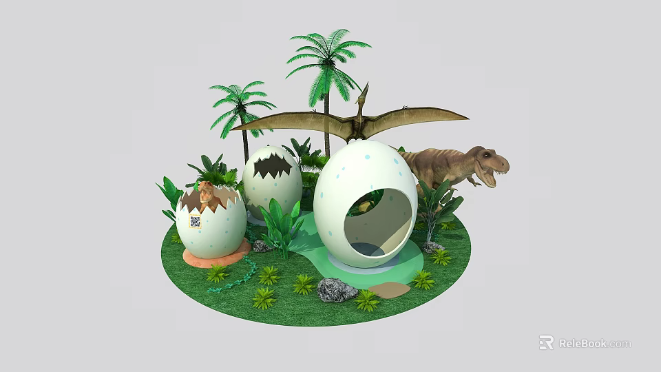 Prehistoric Dinosaur Scene With Hatching Eggs Palm Trees And Green Plants 3d model 