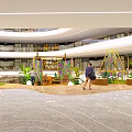 Open Multi Level Indoor Public Space With Colorful Geometric Structures Green Plants And Wooden Flooring