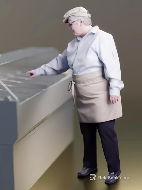 Woman in White Shirt Beige Tied Apron Standing by Kitchen Counter with Hand on Surface 3d model 