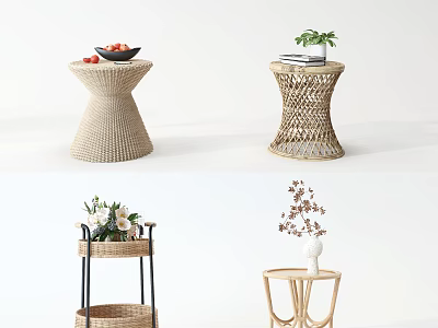 Decorative Round Side Tables Woven and Wooden with Fruit Bowl Plants Books and Vase 3d model