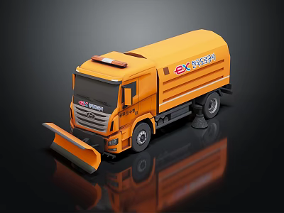 Yellow Expert Cleaning Truck With Snow Plow And Broom Attachments 3d model