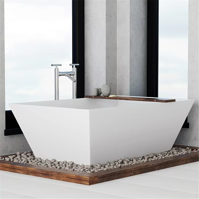 Modern Freestanding White Bathtub With Faucet Pebbles Decorative Vases And Large Windows 3d model