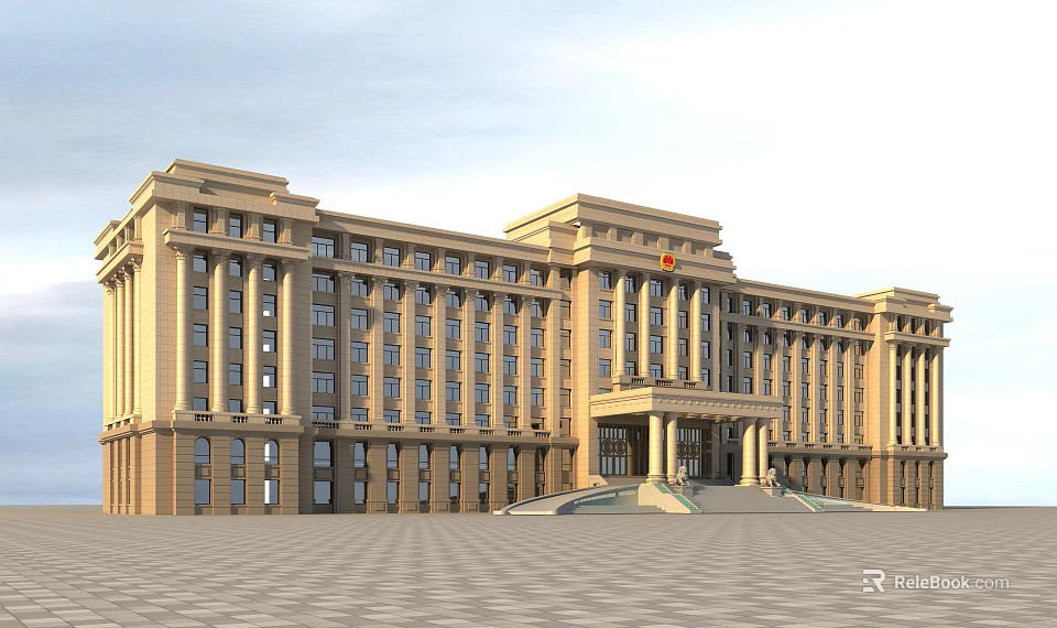 Grand Classical Office Building With Symmetrical Facade Columns Badge And Spacious Plaza 3d model 