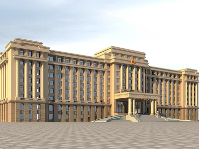 Grand Classical Office Building With Symmetrical Facade Columns Badge And Spacious Plaza 3d model