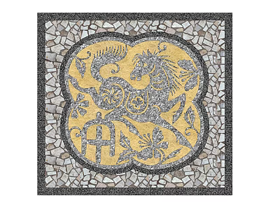 Garden Ornament Mosaic Inlay Square Design Yellow Background Gray Horse Pattern Stone Edge 3d model