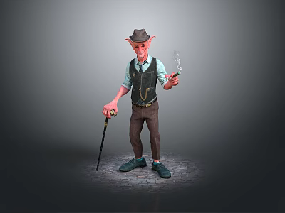 Elderly Man Wearing Brown Hat Vest And Shirt Holding Cane Standing Against Grey Background 3d model