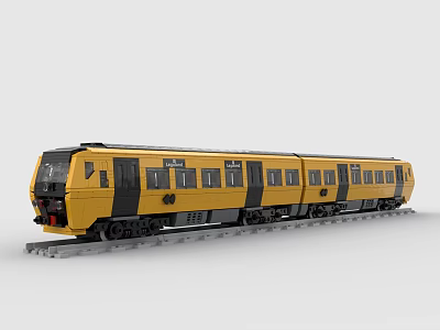 Detailed Yellow Brick Toy Train Model With Multiple Carriages On Tracks 3d model