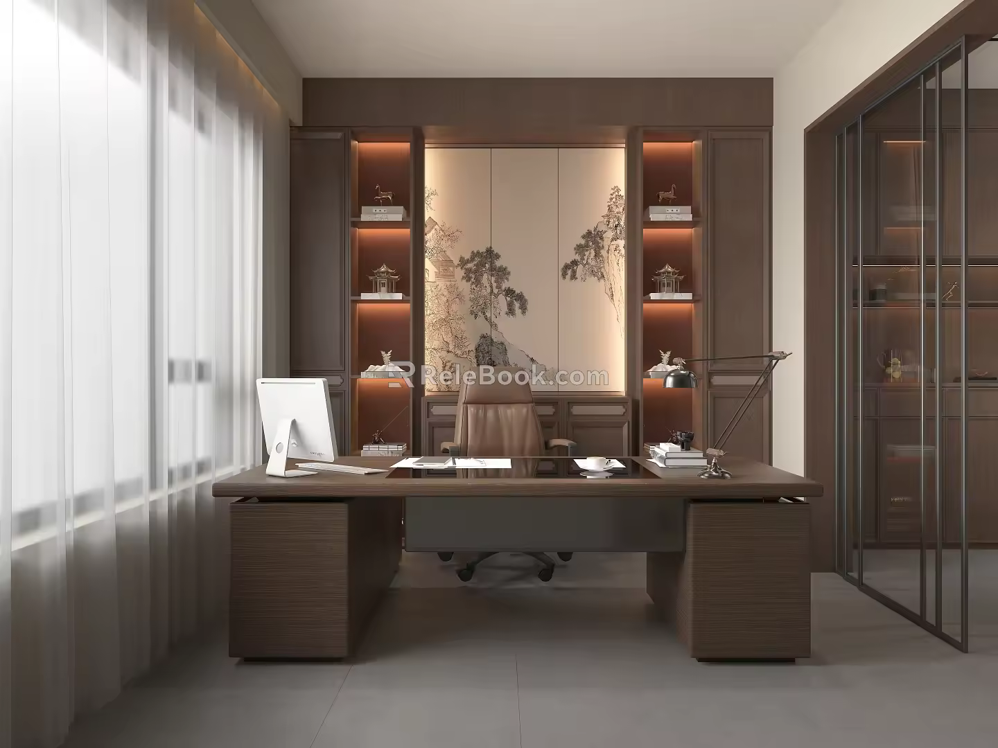 New Chinese-style Office in Ancient Style Tea Room Sideboard Background Wall 3d model