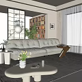 Modern Living Room Interior With Beige Sofa Floor Lamp Bookshelf Plants And Light Curtains