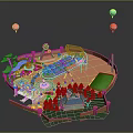 Modern Amusement Park Model With Carousel Slide Trees Cottage And Hot Air Balloons