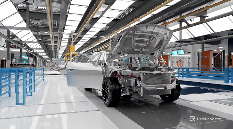 Modern Automobile Production Facility With Car On Assembly Line Open Hood 3d model 