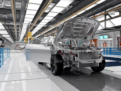 Modern Automobile Production Facility With Car On Assembly Line Open Hood 3d model