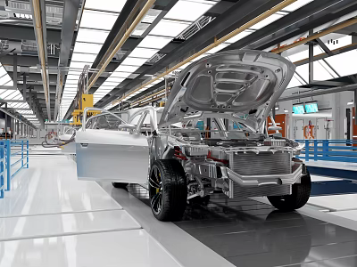 Modern Automobile Production Facility With Car On Assembly Line Open Hood 3d model