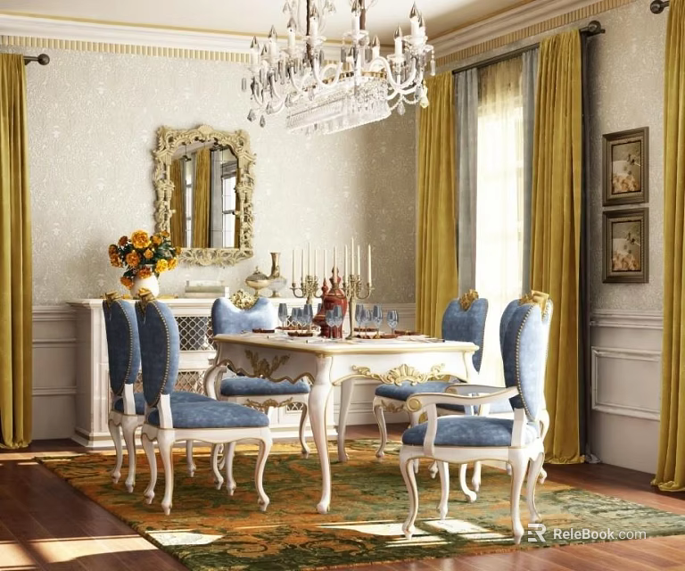 Elegant Classic Dining Set Interior With White Table Blue Chairs Yellow Curtains Chandelier And Mirror 3d model 