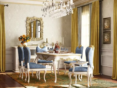 Elegant Classic Dining Set Interior With White Table Blue Chairs Yellow Curtains Chandelier And Mirror 3d model