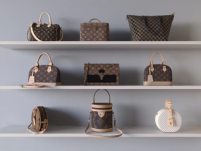 Stylish Designer Handbags Displayed On Shelves With Classic Patterns And Leather Details 3d model