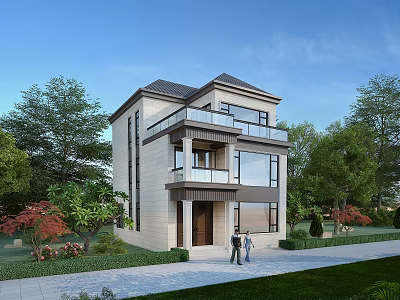 Modern Two Story Detached Villa With Large Windows And Green Surroundings 3d model