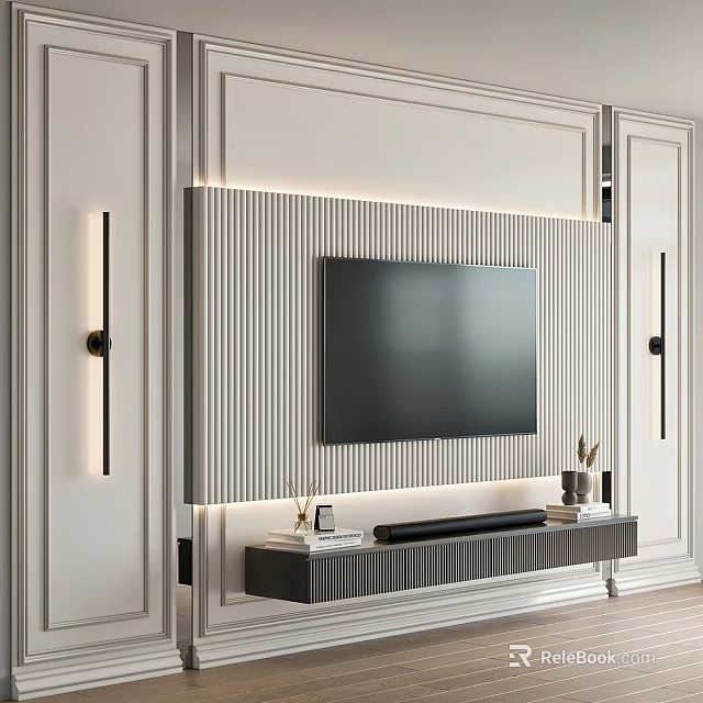 Modern Minimalist TV Wall Interior Design With LED Strip Lights And Floating Cabinet 3d model 