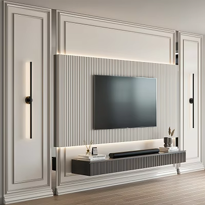 Modern Minimalist TV Wall Interior Design With LED Strip Lights And Floating Cabinet 3d model