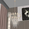 Transparent Crystal Chandelier In Modern Living Room With Wall Artwork Curtains And Green Plant