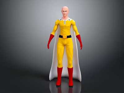 Bald Superhero Character In Yellow Costume With Red Gloves And White Cape 3d model