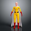 Bald Superhero Character In Yellow Costume With Red Gloves And White Cape