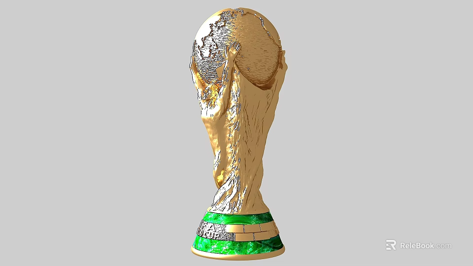 Golden World Cup Trophy Sculpture Carving With Top Globe And Green Base Band 3d model 