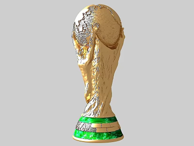 Golden World Cup Trophy Sculpture Carving With Top Globe And Green Base Band 3d model